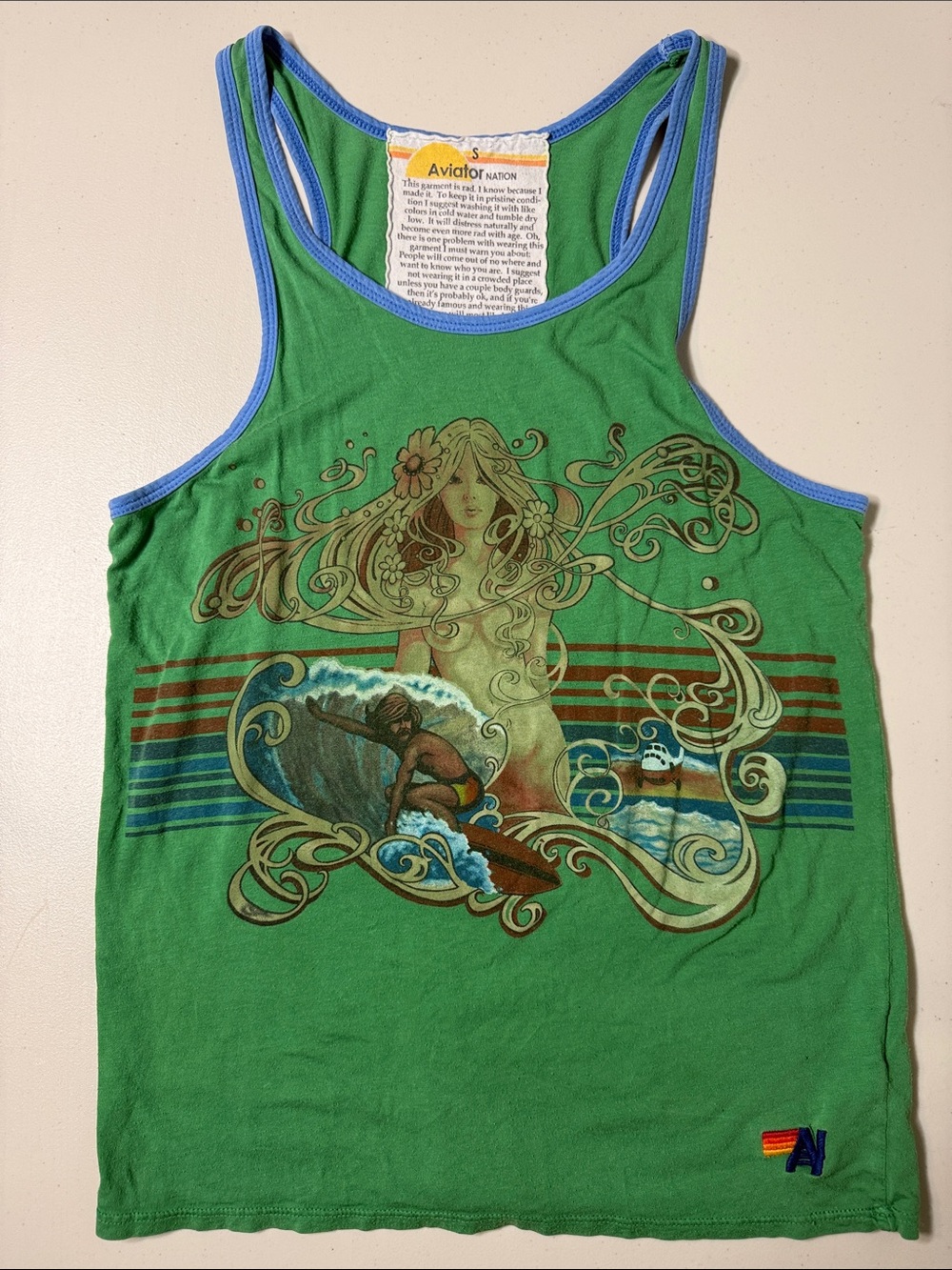 RARE VTG Aviator Nation Sea Goddess Mermaid Tank Top Kelly Green Blue Trim Small